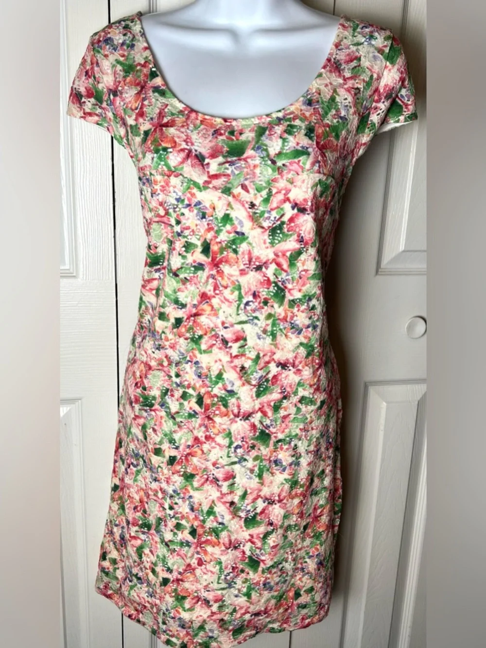 FREE PEOPLE Dress Lace Overlay Open Back Cap Sleeves Floral Pink Green Small - Picture 3 of 10